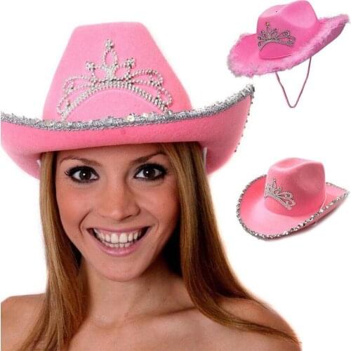 Rhinestone Crown Feather Panama Pink Cowgirl Hat for Women Chapeau Cowboy Hats Caps with Led Light sombrero de vaquero mujer