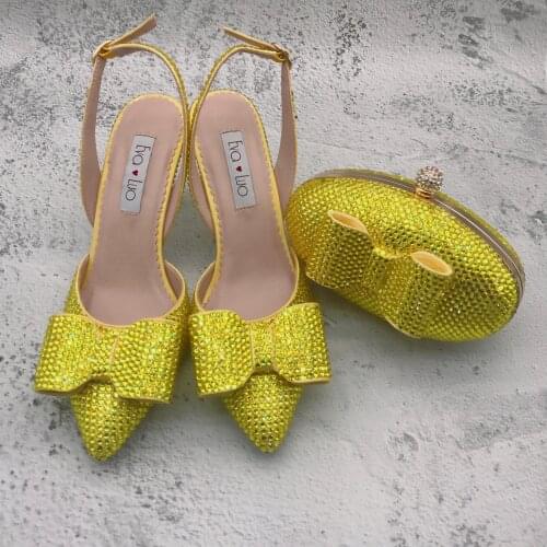 BS1317 Custom Handmade Women Dress Pumps Lemon Yellow Crystal Bridal Wedding Shoes And Bag Set