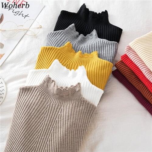 Woherb 2021 Knitted Women Ruffle Turtleneck Sweater Pullovers Casual Solid Autumn Winter Basic Womens Sweaters Slim Fit Jumpers