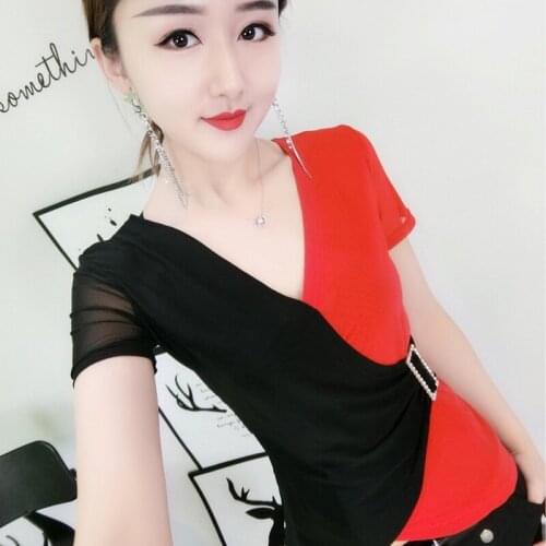 #5925 Summer2021 Spliced Color Wrap T Shirt Women Short Sleeve Deep V Neck Short T Shirt For Girl Sexy Club Tight T Shirt Cotton