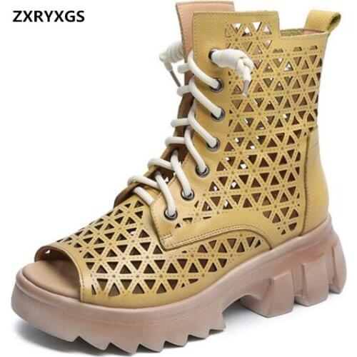2021 New Summer Full Genuine Leather Hollow Fish Mouth Sandals Cool Boot Women Fashion Sandals Platform Wedge Heel Trend Sandals