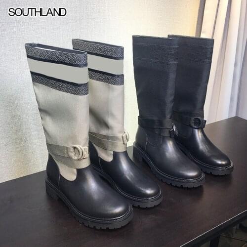 SOUTHLAND Women boots 2020 new letter embroidered genuine leather stitching flying woven socks boots mid-tube boots long