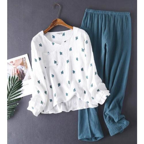 100% Cotton pajamas for women long sleeve trousers pyjamas two piece set print autumn winter pijamas suit loose home clothes