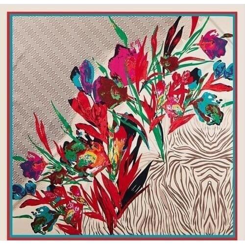 POBING 100% Twill Silk Scarf Women Flowers Print Square Scarves Large Bandana Luxury Kerchief Hijab Scarf Female Head Foulards