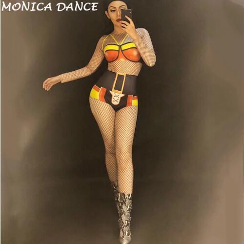 Women Sexy Stage Black Net Jumpsuit 3D Printing Stage Wear for Dancer Singer Bling Costumes Nightclub Party Performance Costumes