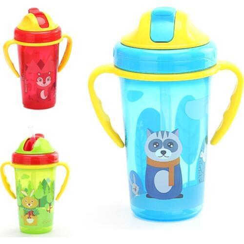 300ml Shock-resistant Baby Sippy Cups Kids Drinking Bottles Infant Children Learn Drinking Dual Handles Straw Juice Slid Feeding