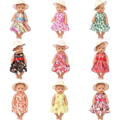 Colorful Dress+Straw hat Fit For born baby 43cm Doll Clothes Doll Accessories For 17inch Baby Doll