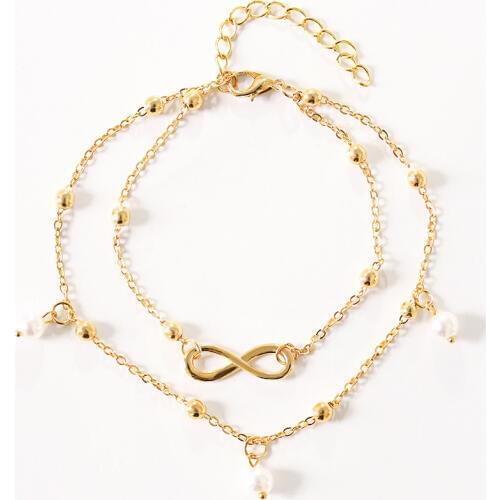 White Simulated Pearl Pendant Double Chains "8" Joint Silver Plated Golden Anklets for Women