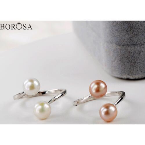BOROSA Silver Color Natural White Pearl Open Rings High Quality White Pink Pearl Rings for Women Hot Wedding Jewelry WX1379