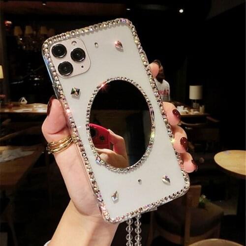 Fashion Bling Diamond Make Up Mirror Case Cover Crystal Chain For Samsung Galaxy Note 20 10 9 8 S21 S20 FE Ultra S10 S9 S8 Plus