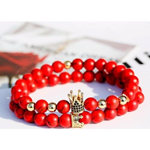 Distance Gold CZ Crown Red Stone Beaded Bracelet Men Charm Loverss Couple Bracelet For Women Pulseras