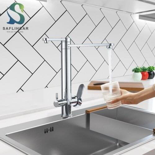 Chrome Kitchen Sink Faucet Fashion Pure Water Tap Double Handle Hot Cold Water Mixer Tap Kitchen Purification Crane