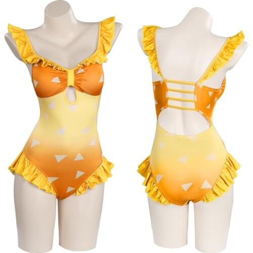 Demon Slayer Agatsuma Zenitsu Cosplay Costume Swimwear Outfits Halloween Carnival Suit