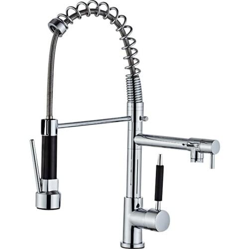 Kitchen Chrome 360 Rotation Pull Out Side Spring Faucet Sprayer Dual Spout Single Handle Mixer Tap Sink Faucet Deck Mounted