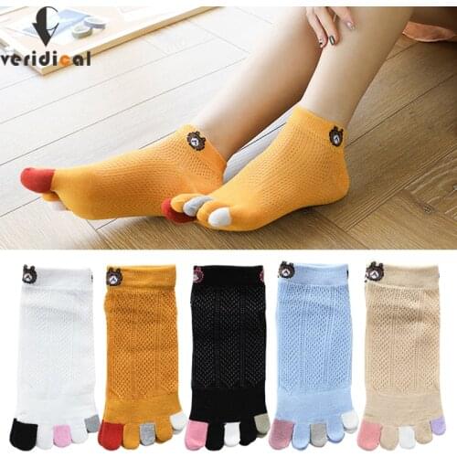 Summer Woman Girl Five Finger Socks Cotton Mesh Breathable Thin Cute Bear Young Solid No Show Ankle Socks With Toes Hot Sell
