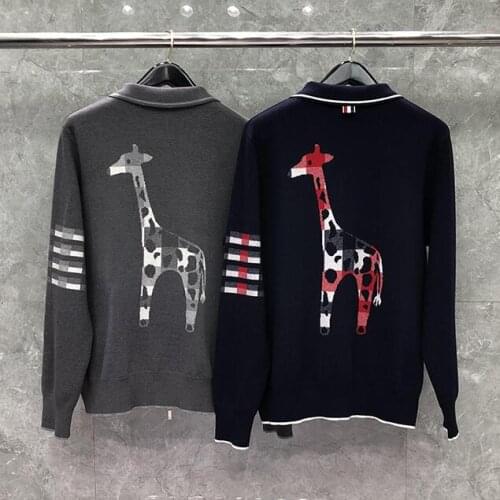 2021 Fashion Brand Sweaters Men Slim Fit Turn Down Collar Cardigans Clothing Striped Wool Giraffe Pattern Casual Coat