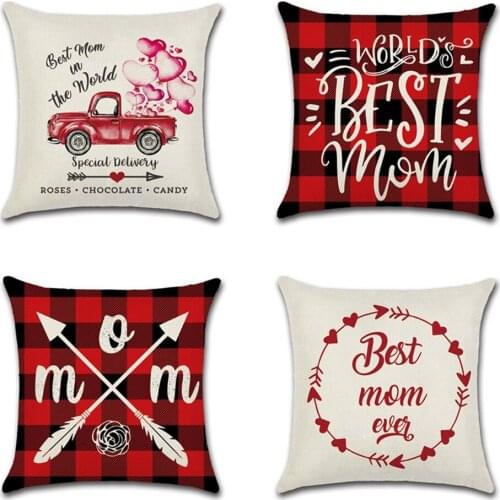Pillow Case Red Mothers' Day Decoration Cushion Cover Heart Best Mom red plaid Print Pillow Cover Home Decor 45*45cm