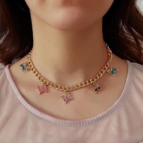 New Arrived Gradient Shiny Butterfly Clavicle Chain Necklaces for Women Enamel Animal Necklaces Girl Friendship Gifts