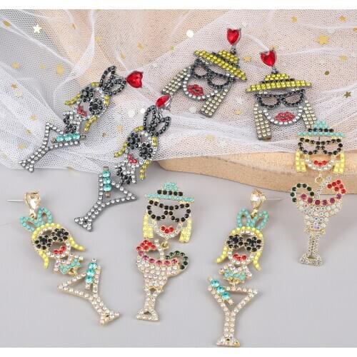 JIJIAWENHUA New Fashion Multicolor Human Face Rhinestone Pendant Ladies Statement Earrings Wedding Jewelry