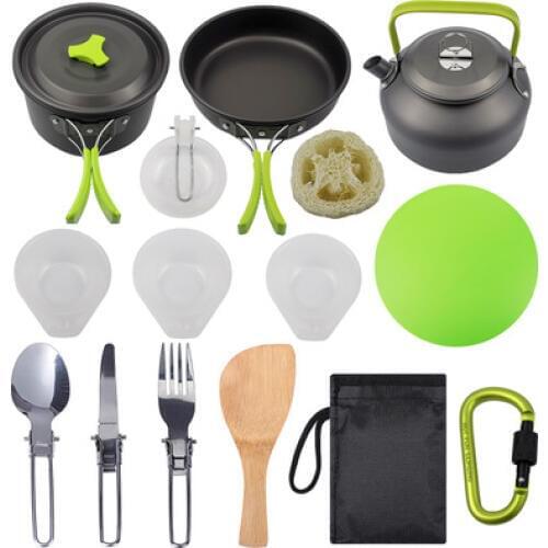New Outdoor Tableware Pots Pans Camping Cookware Picnic Cooking Set Non-stick With Foldable Spoon Fork Knife Kettle Cup 1 Set