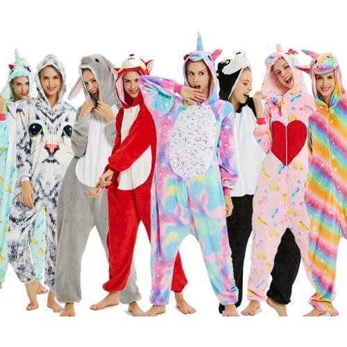 2020 Unicorn Pajamas onesie Women Kugurumi panda Winter Flannel Pajama кигуруми adult Nightie Stitch unicornio Hooded Sleepwear