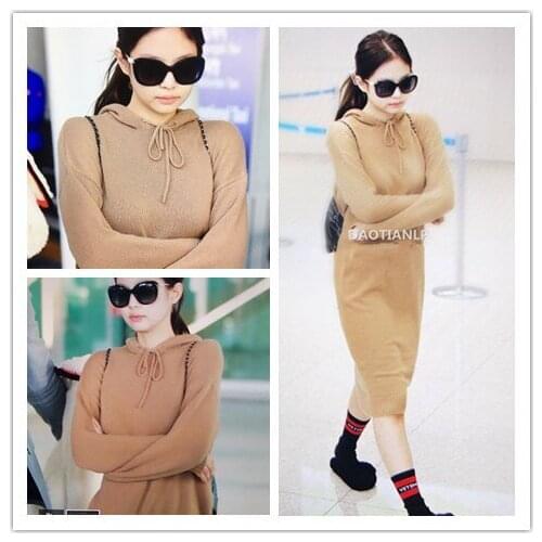 Kpop korean Celebrity same Knitted loose long sleeve dress ladies autumn streetwear wild long over the knee women hooded dresses