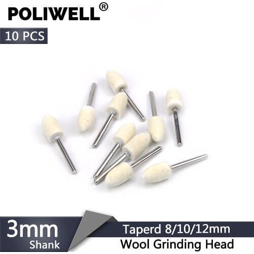 POLIWELL 10PCS Tapered Cone Grinding Head 3mm Shank Felt Buffing Wheel Rotary Tools Accessories for Metal Mirror Fine Polishing