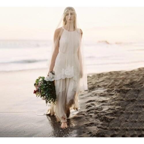 Sexy Backless Halter Scoop Neckline Wedding Dress Chiffon Skirt Plus Size Summer Beach Flowy Simple Bridal Bridesmaid Gown