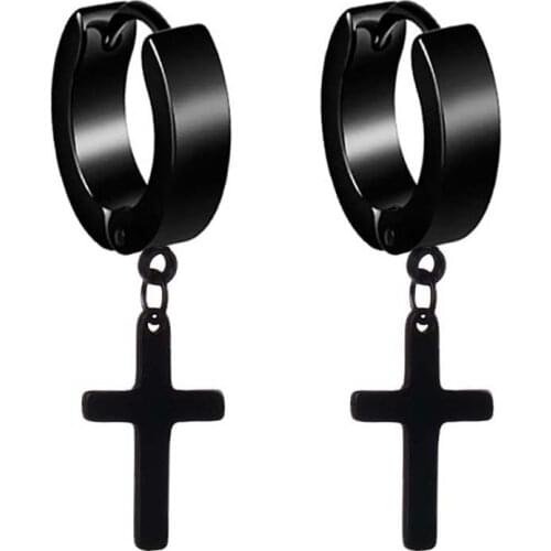 Men Women Retro Punk Stainless Steel Vintage Cross Dangle Hoop Clip On Earrings Piercing Prevent Allergy Eardrop Женские Серьги