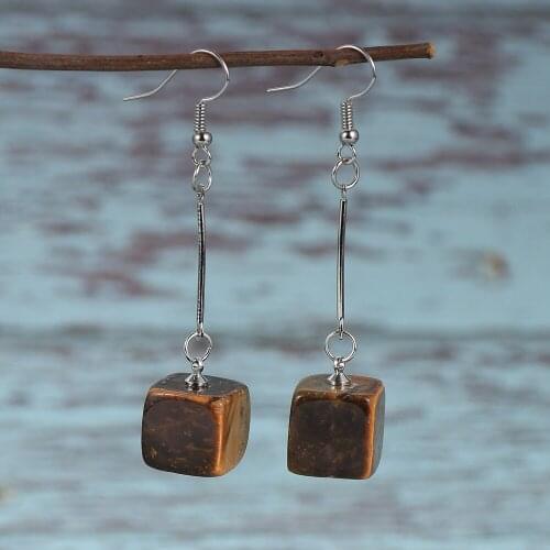 BOHO Natural Tiger Eye Stone Pendant Dangle Earrings For Women Geometry Square Long Tassel Drop Earring Female Bohemia Jewelry