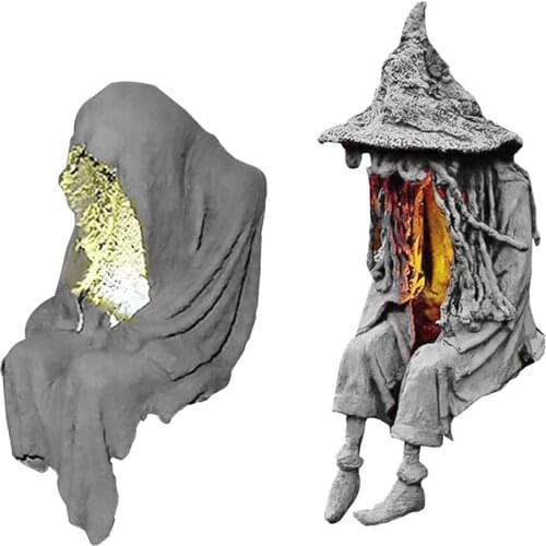 LED Light Sitting Witch Soul Resin Sculpture Lawn Lamp Garden Decoration