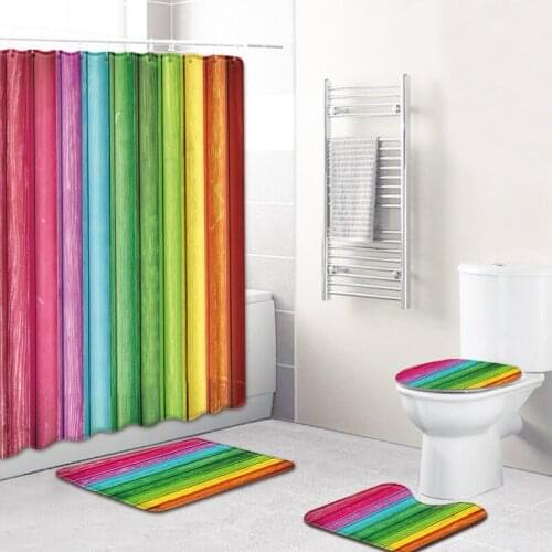 Colorful Striped Bath Mat and Waterproof Shower Curtain Set Bathroom Home Decor Toilet Floor Mat Non-slip Shower Room Carpet Set