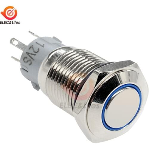 12V 5PIN Car Push Button Switch Self-reset 16mm Power Reset Blue LED Waterproof Metal Switch LED Supply Power Button Switch