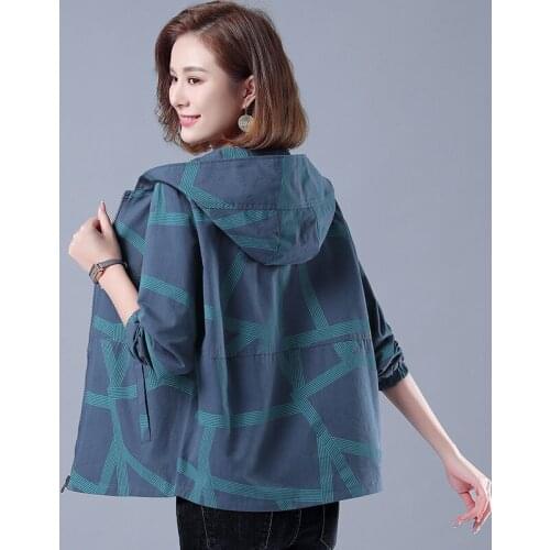 Short Jacket Women Print Middle-aged Mother Plus size Spring Autumn Korean Loose Coat Hooded Zipper Lining Female Windbreaker