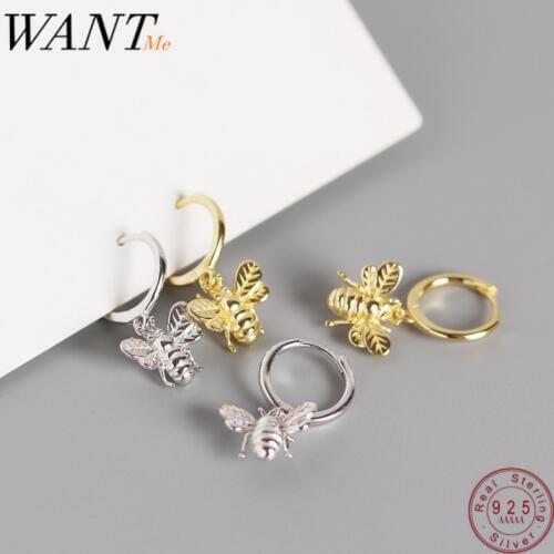 WANTME Real 100% 925 Sterling Silver Jewelry Punk Insect Bee Stud Earrings for Fashion Women Femme Animal Bohemia Accessories
