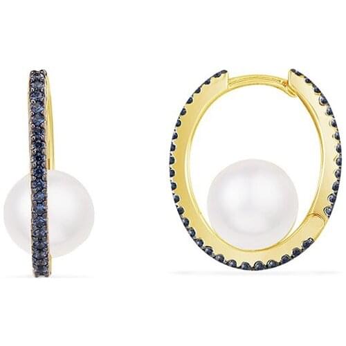 SLJELY High Quality Fashion Real 925 Sterling Silver Navy Blue Zirconia Natural Pearl Hoop Earrings Women Luxury Brand Jewelry