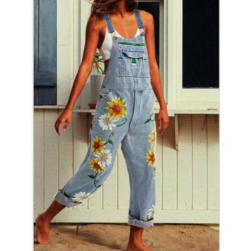 STYLISH LADY Floral Printed Denim Bib Jumpsuits 2020 Summer Women Pocket Plus Size Club Party Streetwear Jeans Overalls 5XL