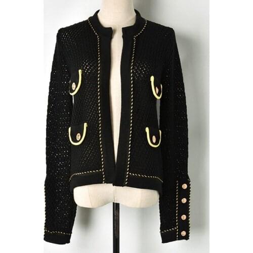 Runway Vintage Crop Knitted Cardigan Jumper Fall 4 Pockets Metal Buttons Hollow Out Casual Sweater Women Pull Femme