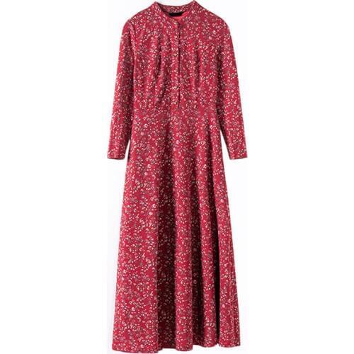 Autumn new vintage Print A-Line dress women elegant Large size S-XXXL Slim dress temperament Long sleeve Ankle-Length dress