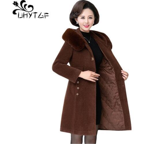UHYTGF Winter coat women fashion fur collar casual 5XL plus size jacket quality Mink Cashmere Thicken warm wool coat female 1041