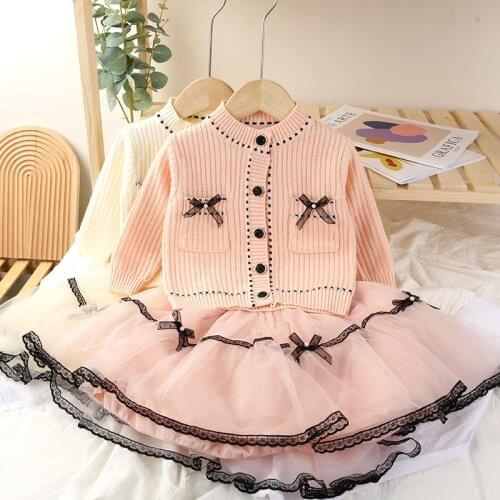 Baby Girl Winter Clothes Set Autumn Children Knitted Sweater T-shirt With Mini Bow Mesh Skirt 2Pcs 1-5 Years Children Costumes