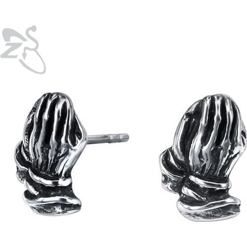 ZS Hip Hop Small Stud Earrings for Men Women Prayer Hands Stainless Steel Punk Ear Stud Jewelry Punk Style Earing Accessories