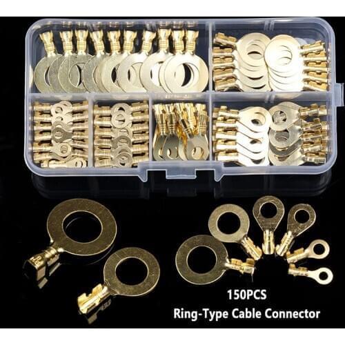 150PCS Ring Lugs Ring Eyes Copper Crimp Cable Connector Non-insulated M3/M4/M5/M6/M8/M10 Assortment Kit
