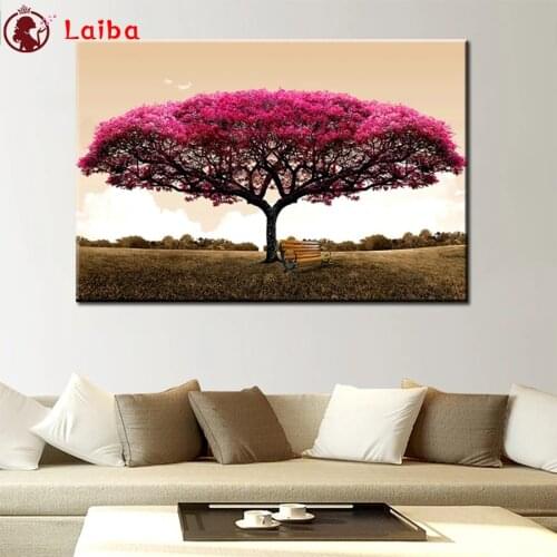 Diamond painting Natural scenery, pink trees, wooden chairs cross stitch diamond embroidery mosaic room Decor