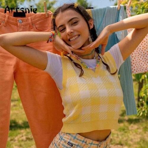 Artsnie Streetwear Plaid Sweater Vest Women Autumn V Neck Sleeveless Pull Femme Streetwear Yellow Slim Cropped Sweater Vest