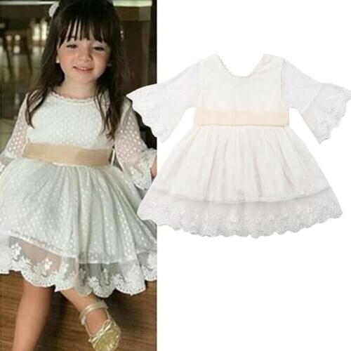 Baby Girls White Lace Dress Cute Kids Floral Flare Sleeve Bow Slashes Wedding Bridesmaid Girls Mesh Dresses