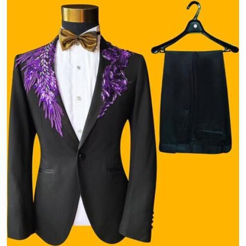 Freeship 100%real mens black with 4 sequined color tuxedo suit /event/studio/stage performance/jacket with pants