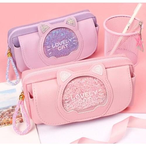 Quicksand cat pencil case cute pencil bag Three layers Big pen case girls kawaii Stationery bag cartoon animals pen bag student