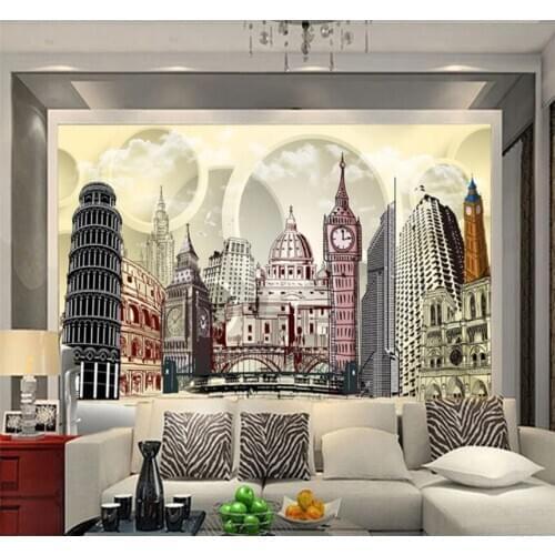 Hand-painted illustration building photo wallpaper background wall custom wallpaper 3D/5D/8D mural