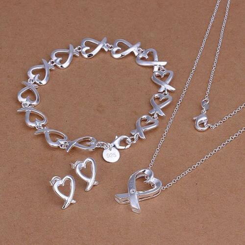 KN-S203 Trendy Free Shipping Silver Plated Jewelry Sets Lovely Silver Fashion Jewelry Heart Earrings Bracelet Necklace/amhajdoa
